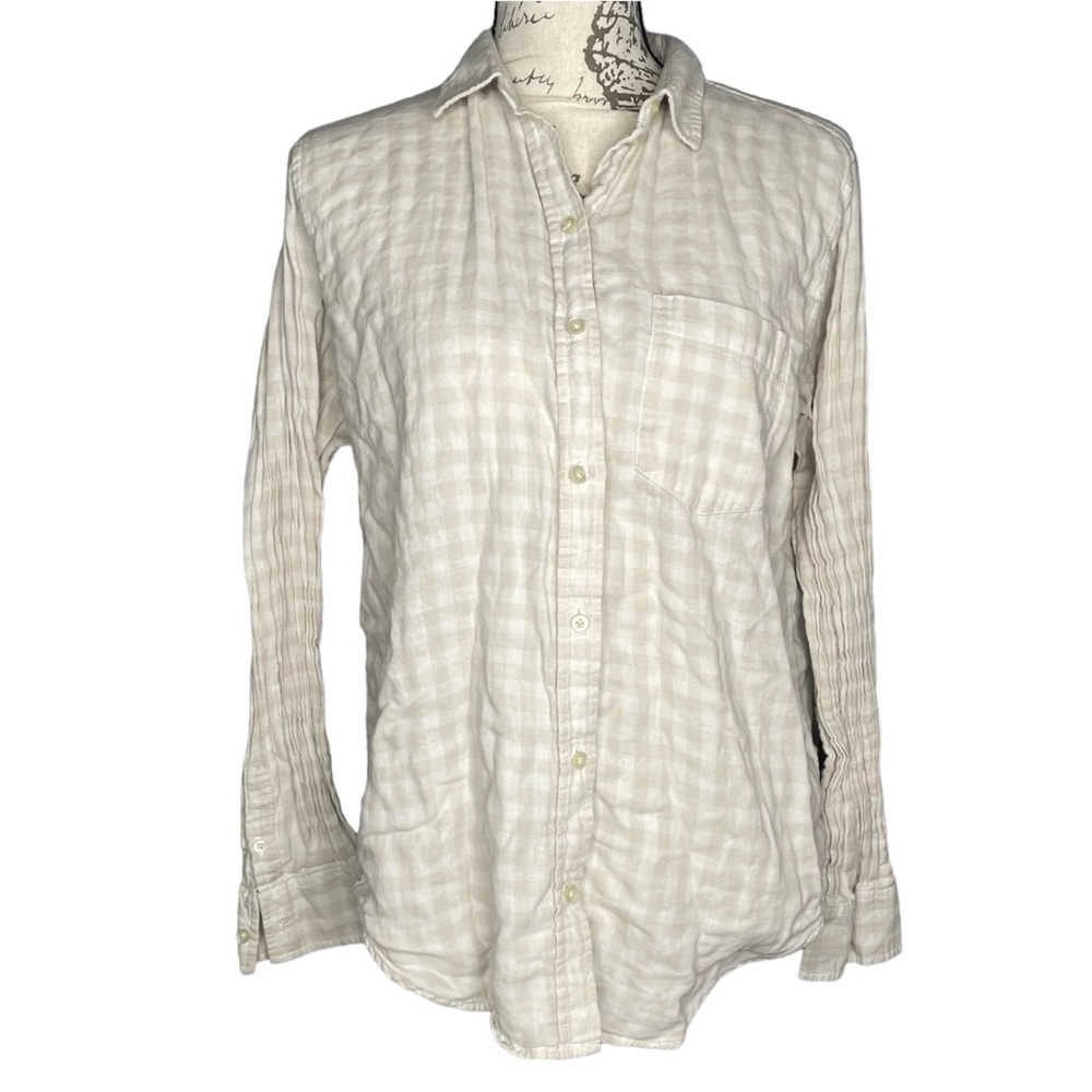 Everlane button down plaid long sleeve shirt cream tan women’s size 8